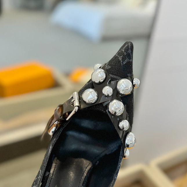 HIGH HEELS 95 MM IN BLACK MONOGRAM DENIM WITH CRYSTALS