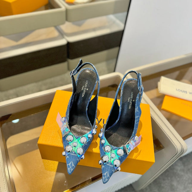 HIGH HEELS 95 MM IN CLASSIC BLUE MONOGRAM DENIM WITH CRYSTALS
