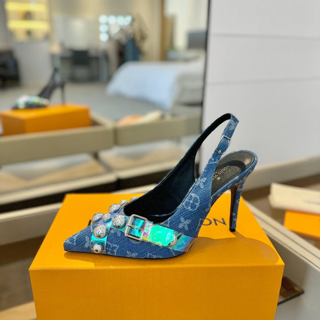 HIGH HEELS 95 MM IN CLASSIC BLUE MONOGRAM DENIM WITH CRYSTALS