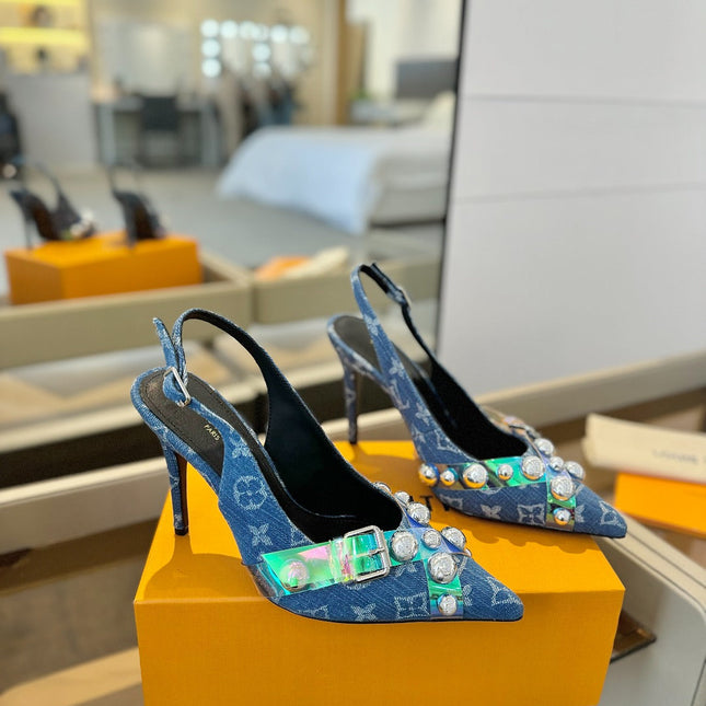 HIGH HEELS 95 MM IN CLASSIC BLUE MONOGRAM DENIM WITH CRYSTALS