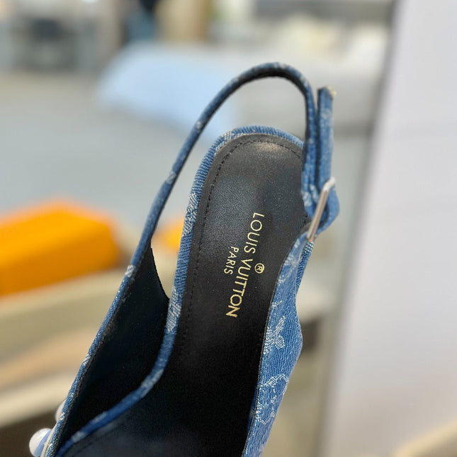 HIGH HEELS 95 MM IN CLASSIC BLUE MONOGRAM DENIM WITH CRYSTALS