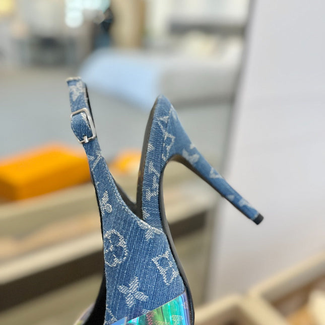 HIGH HEELS 95 MM IN CLASSIC BLUE MONOGRAM DENIM WITH CRYSTALS