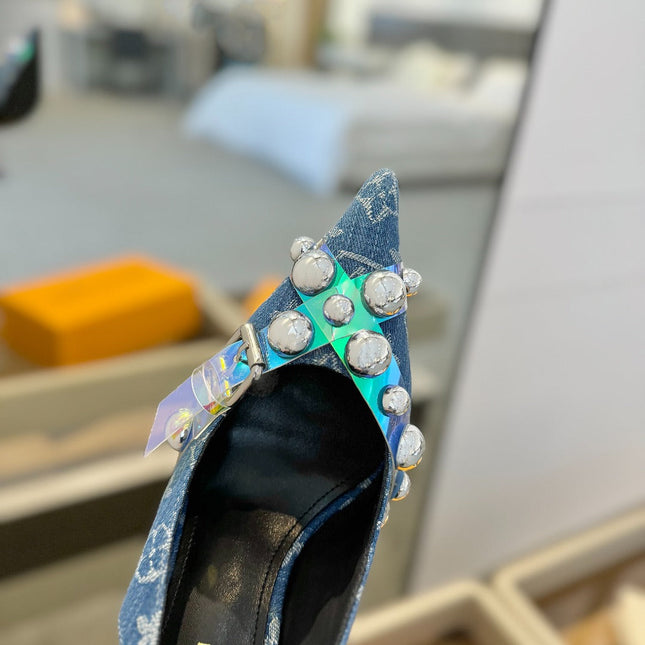 HIGH HEELS 95 MM IN CLASSIC BLUE MONOGRAM DENIM WITH CRYSTALS