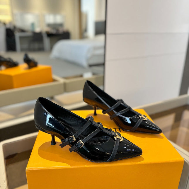 HIGH PUMP 5 CM TRIPLE-STRAP IN BLACK PATENT CALFSKIN