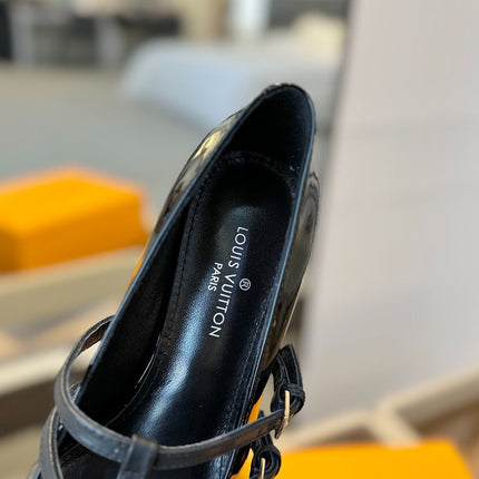 HIGH PUMP 5 CM TRIPLE-STRAP IN BLACK PATENT CALFSKIN