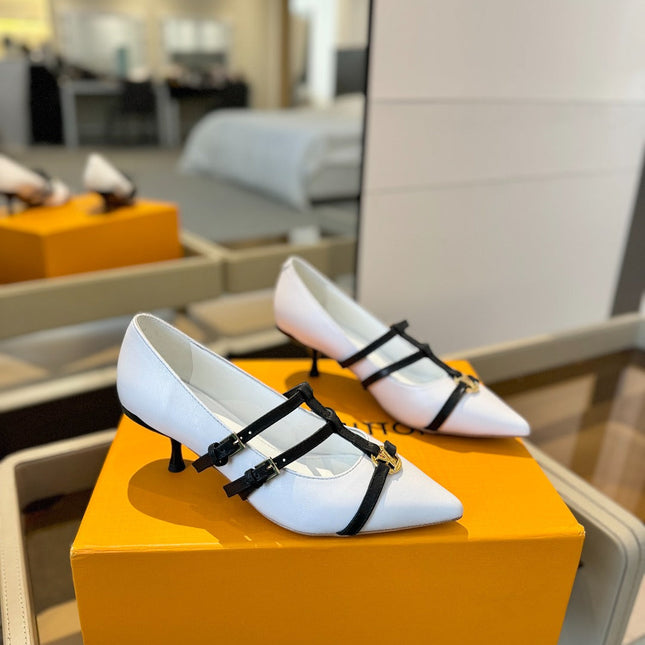 HIGH PUMP 5 CM TRIPLE-STRAP IN WHITE CALFSKIN WITH BLACK STRAP