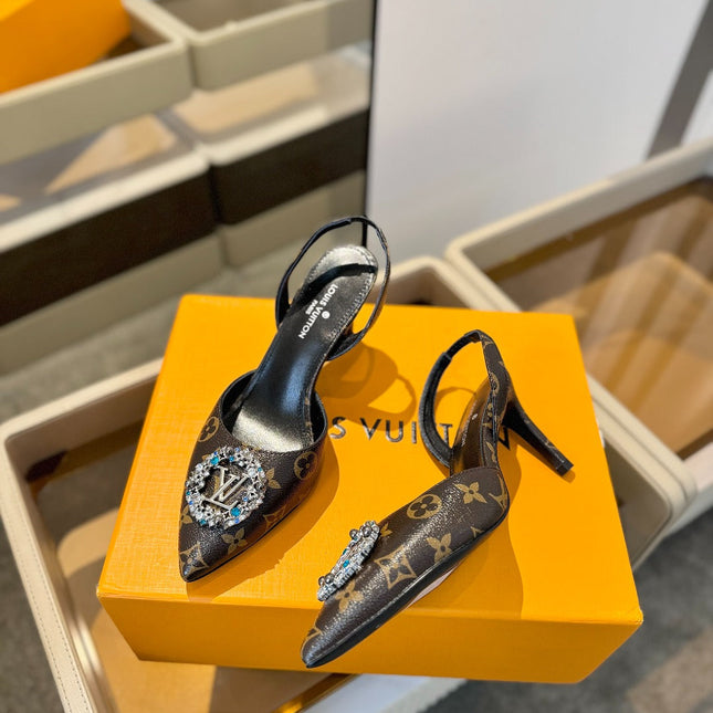 HIGH HEEL 75 MM SLINGBACK IN CHOCOLATE BROWN MONOGRAM CALFSKIN WITH CRYSTAL