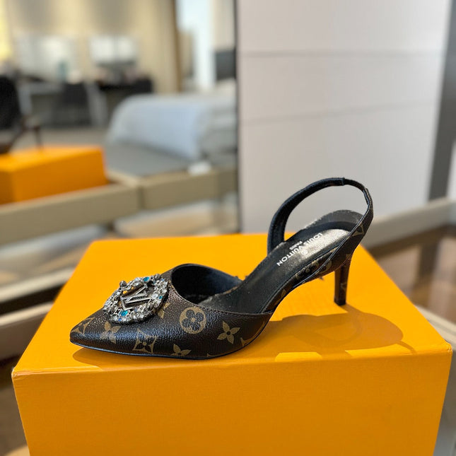 HIGH HEEL 75 MM SLINGBACK IN CHOCOLATE BROWN MONOGRAM CALFSKIN WITH CRYSTAL