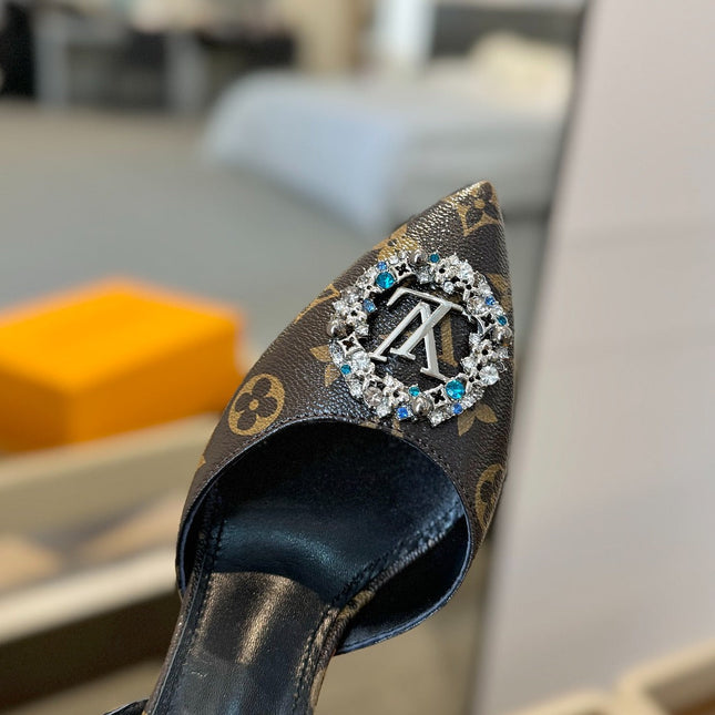 HIGH HEEL 75 MM SLINGBACK IN CHOCOLATE BROWN MONOGRAM CALFSKIN WITH CRYSTAL