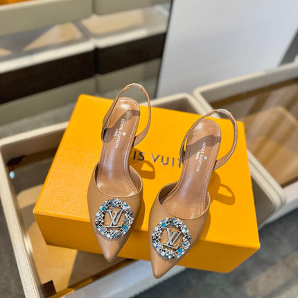 HIGH HEEL 75 MM SLINGBACK IN BRONZE BROWN CALFSKIN WITH CRYSTAL