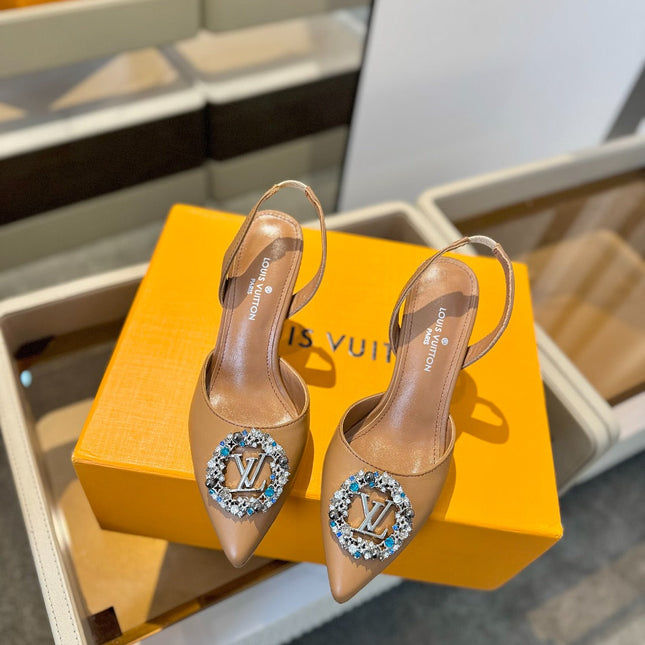 HIGH HEEL 75 MM SLINGBACK IN BRONZE BROWN CALFSKIN WITH CRYSTAL
