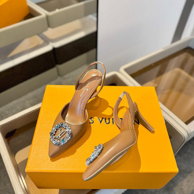 HIGH HEEL 75 MM SLINGBACK IN BRONZE BROWN CALFSKIN WITH CRYSTAL