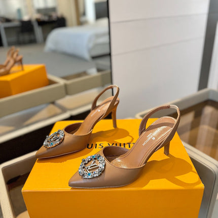 HIGH HEEL 75 MM SLINGBACK IN BRONZE BROWN CALFSKIN WITH CRYSTAL