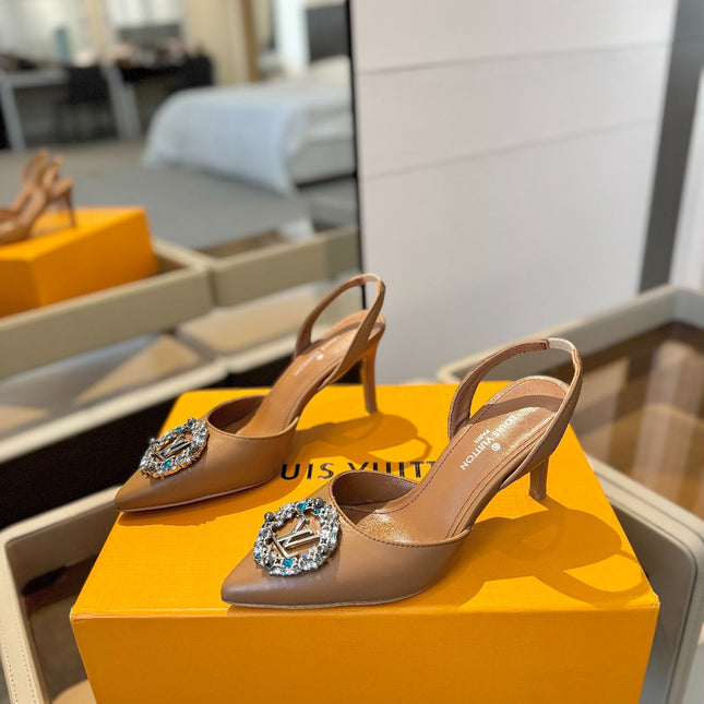 HIGH HEEL 75 MM SLINGBACK IN BRONZE BROWN CALFSKIN WITH CRYSTAL