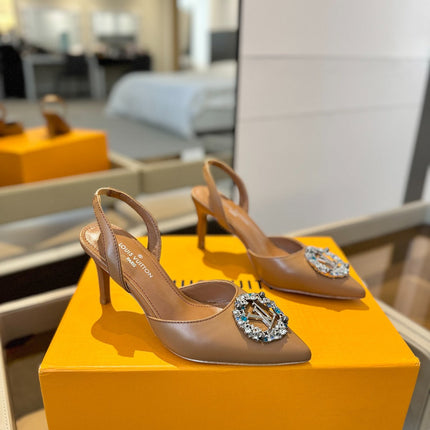 HIGH HEEL 75 MM SLINGBACK IN BRONZE BROWN CALFSKIN WITH CRYSTAL