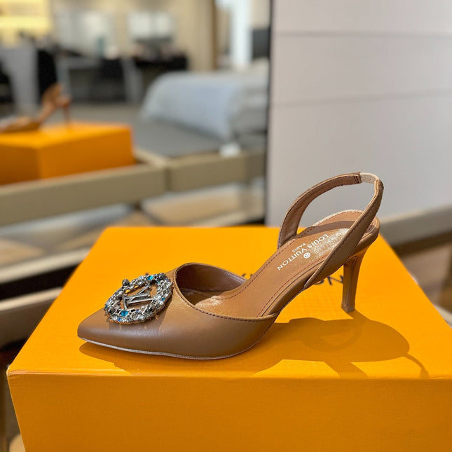 HIGH HEEL 75 MM SLINGBACK IN BRONZE BROWN CALFSKIN WITH CRYSTAL