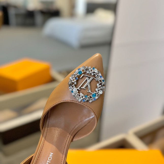 HIGH HEEL 75 MM SLINGBACK IN BRONZE BROWN CALFSKIN WITH CRYSTAL