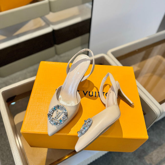 HIGH HEEL 75 MM SLINGBACK IN NUDE BEIGE CALFSKIN WITH CRYSTAL