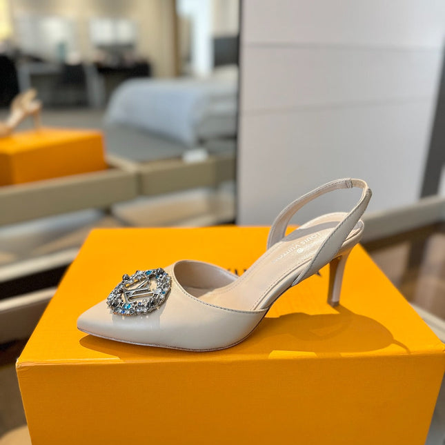 HIGH HEEL 75 MM SLINGBACK IN NUDE BEIGE CALFSKIN WITH CRYSTAL
