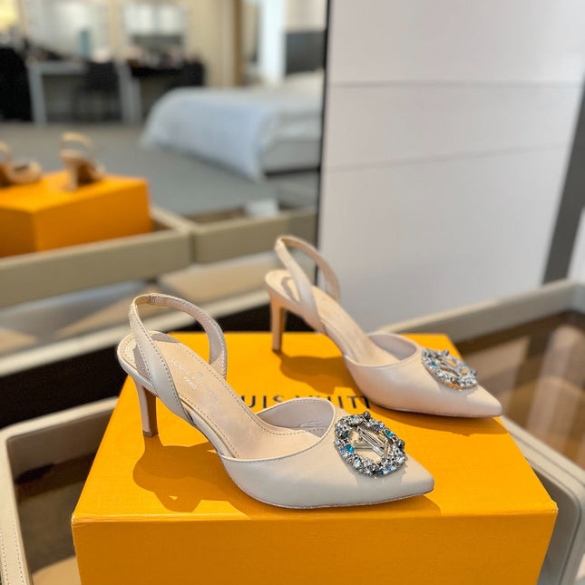 HIGH HEEL 75 MM SLINGBACK IN NUDE BEIGE CALFSKIN WITH CRYSTAL