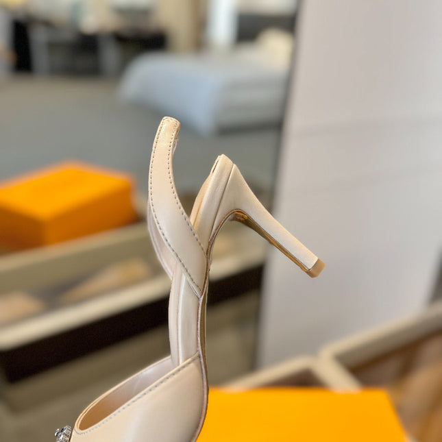 HIGH HEEL 75 MM SLINGBACK IN NUDE BEIGE CALFSKIN WITH CRYSTAL