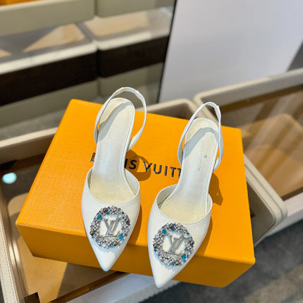 HIGH HEEL 75 MM SLINGBACK IN WHITE CALFSKIN WITH CRYSTAL