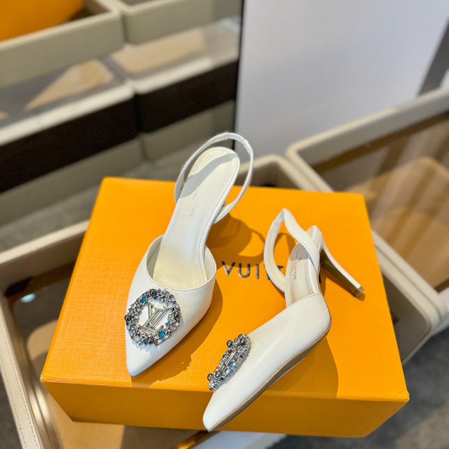 HIGH HEEL 75 MM SLINGBACK IN WHITE CALFSKIN WITH CRYSTAL