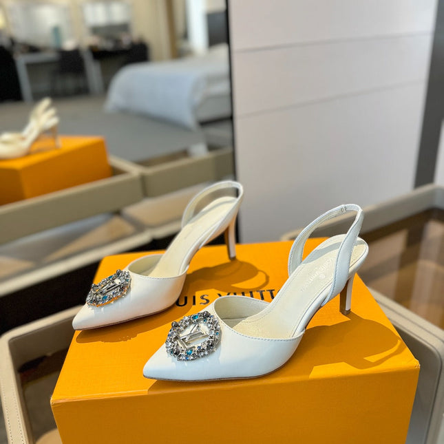 HIGH HEEL 75 MM SLINGBACK IN WHITE CALFSKIN WITH CRYSTAL