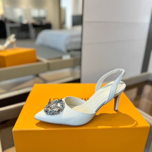 HIGH HEEL 75 MM SLINGBACK IN WHITE CALFSKIN WITH CRYSTAL