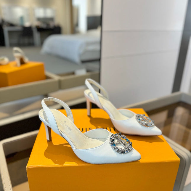 HIGH HEEL 75 MM SLINGBACK IN WHITE CALFSKIN WITH CRYSTAL