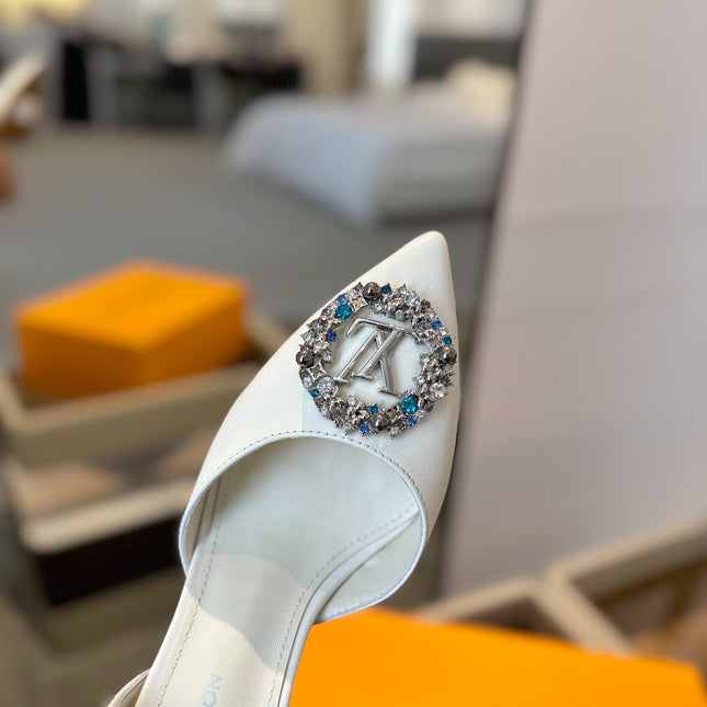 HIGH HEEL 75 MM SLINGBACK IN WHITE CALFSKIN WITH CRYSTAL