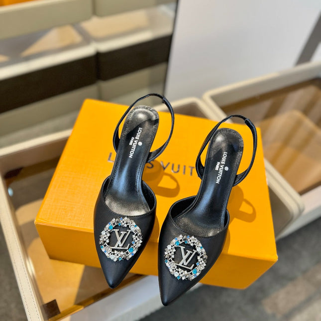 HIGH HEEL 75 MM SLINGBACK IN BLACK CALFSKIN WITH CRYSTAL