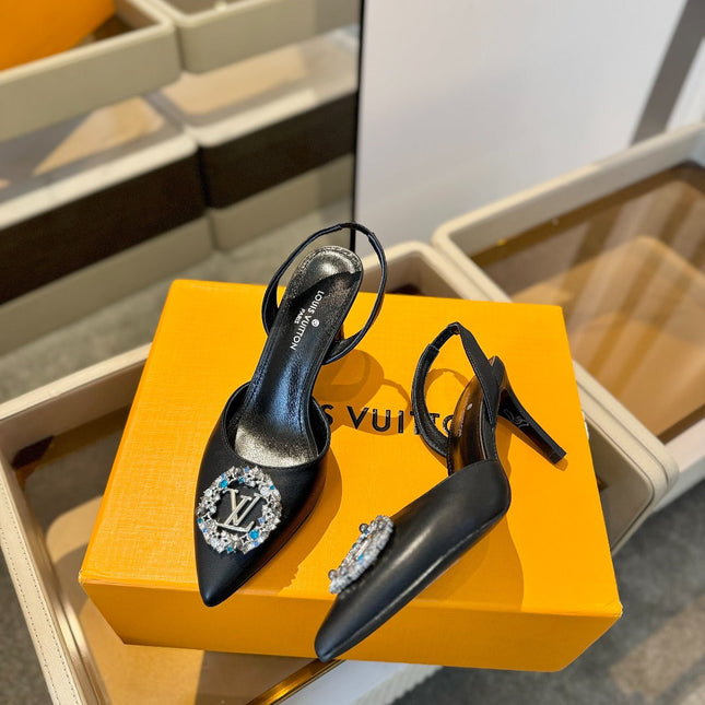HIGH HEEL 75 MM SLINGBACK IN BLACK CALFSKIN WITH CRYSTAL