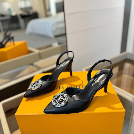 HIGH HEEL 75 MM SLINGBACK IN BLACK CALFSKIN WITH CRYSTAL