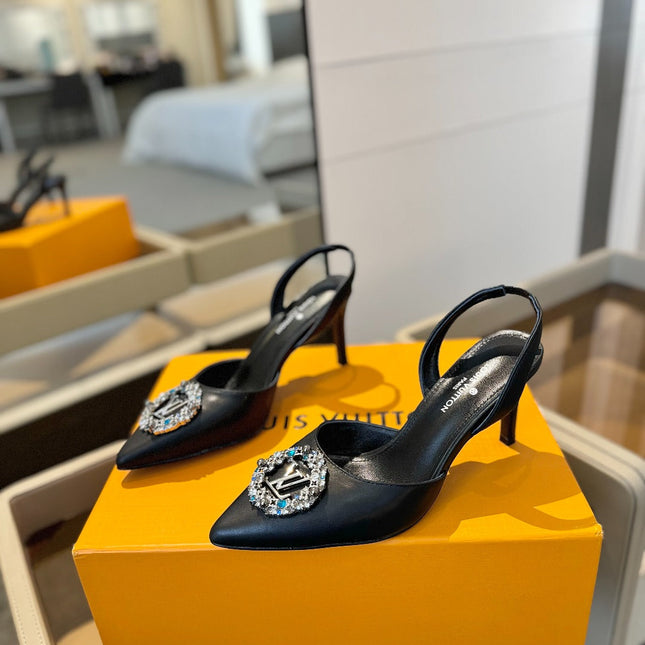 HIGH HEEL 75 MM SLINGBACK IN BLACK CALFSKIN WITH CRYSTAL