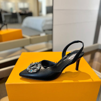 HIGH HEEL 75 MM SLINGBACK IN BLACK CALFSKIN WITH CRYSTAL