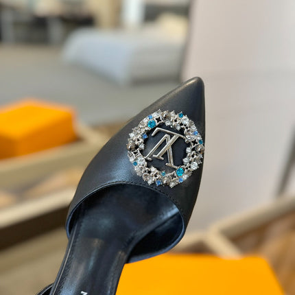 HIGH HEEL 75 MM SLINGBACK IN BLACK CALFSKIN WITH CRYSTAL