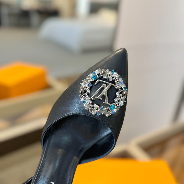 HIGH HEEL 75 MM SLINGBACK IN BLACK CALFSKIN WITH CRYSTAL