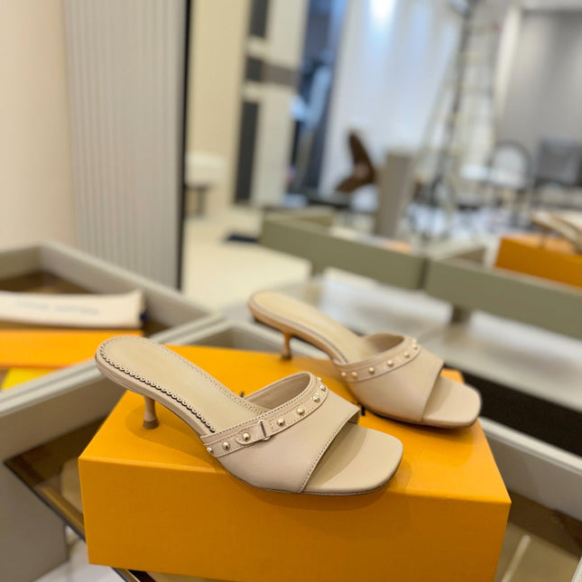 LV X TM 6AM HIGH 4 CM MULE IN LINEN TAN CALFSKIN