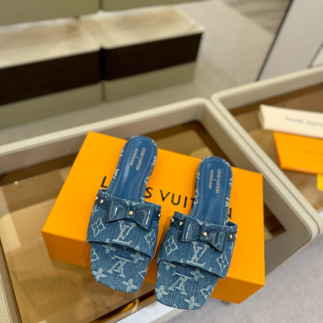 LV X TM 6AM FLAT MULE IN NAVY BLUE MONOGRAM DENIM