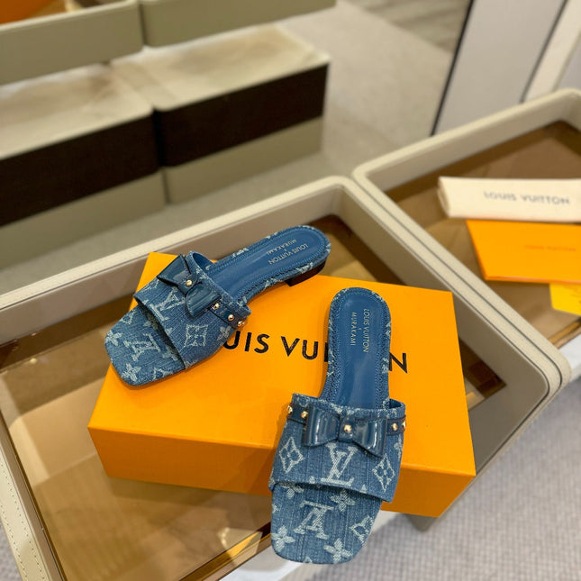 LV X TM 6AM FLAT MULE IN NAVY BLUE MONOGRAM DENIM