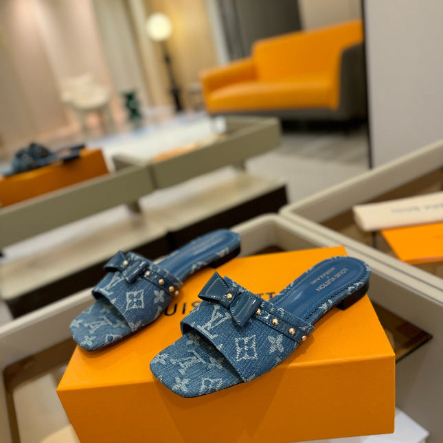 LV X TM 6AM FLAT MULE IN NAVY BLUE MONOGRAM DENIM