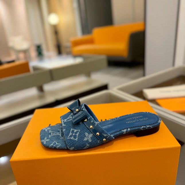 LV X TM 6AM FLAT MULE IN NAVY BLUE MONOGRAM DENIM