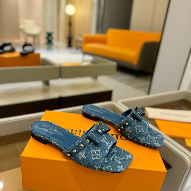 LV X TM 6AM FLAT MULE IN NAVY BLUE MONOGRAM DENIM