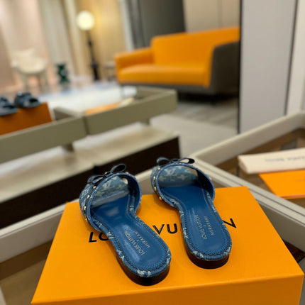 LV X TM 6AM FLAT MULE IN NAVY BLUE MONOGRAM DENIM