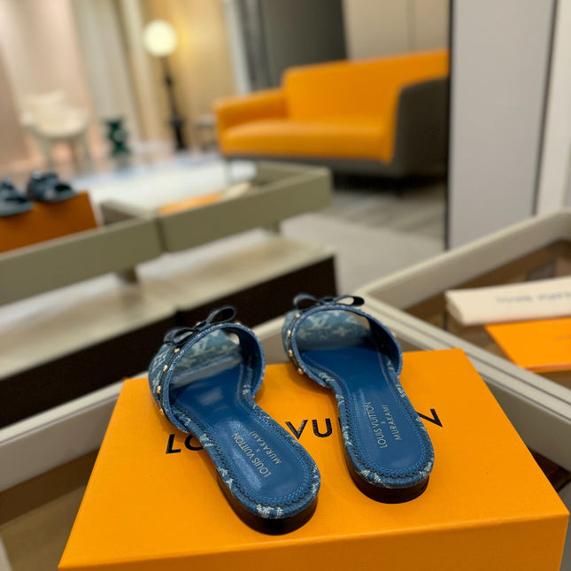 LV X TM 6AM FLAT MULE IN NAVY BLUE MONOGRAM DENIM
