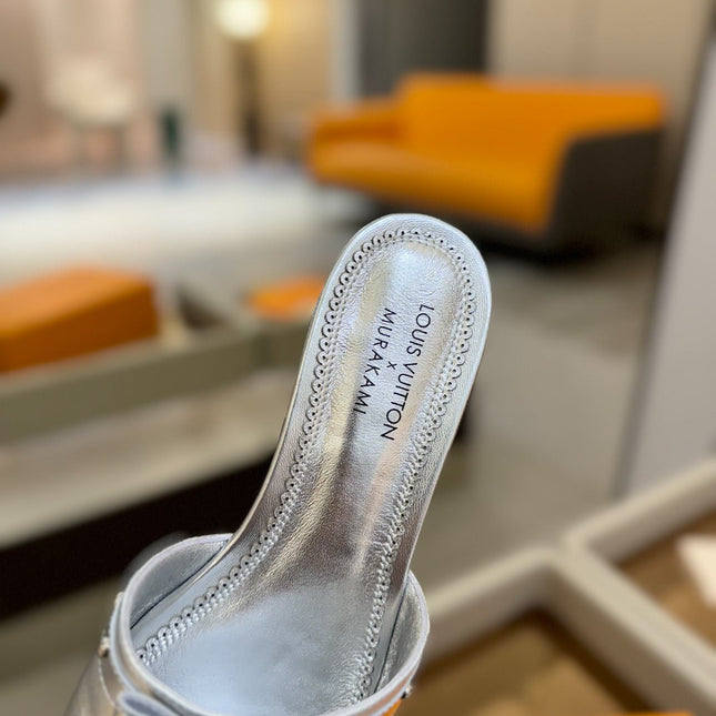 LV X TM 6AM FLAT MULE IN SILVER CALFSKIN
