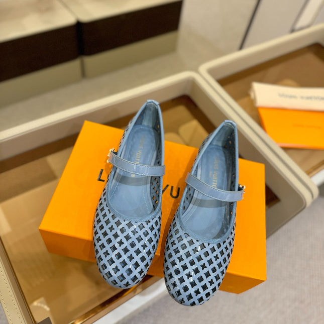 ROMY FLAT BALLERINA IN CERULEAN BLUE MESH PATENT CALFSKIN