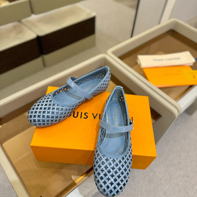 ROMY FLAT BALLERINA IN CERULEAN BLUE MESH PATENT CALFSKIN