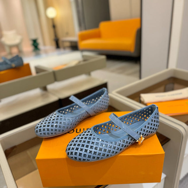 ROMY FLAT BALLERINA IN CERULEAN BLUE MESH PATENT CALFSKIN
